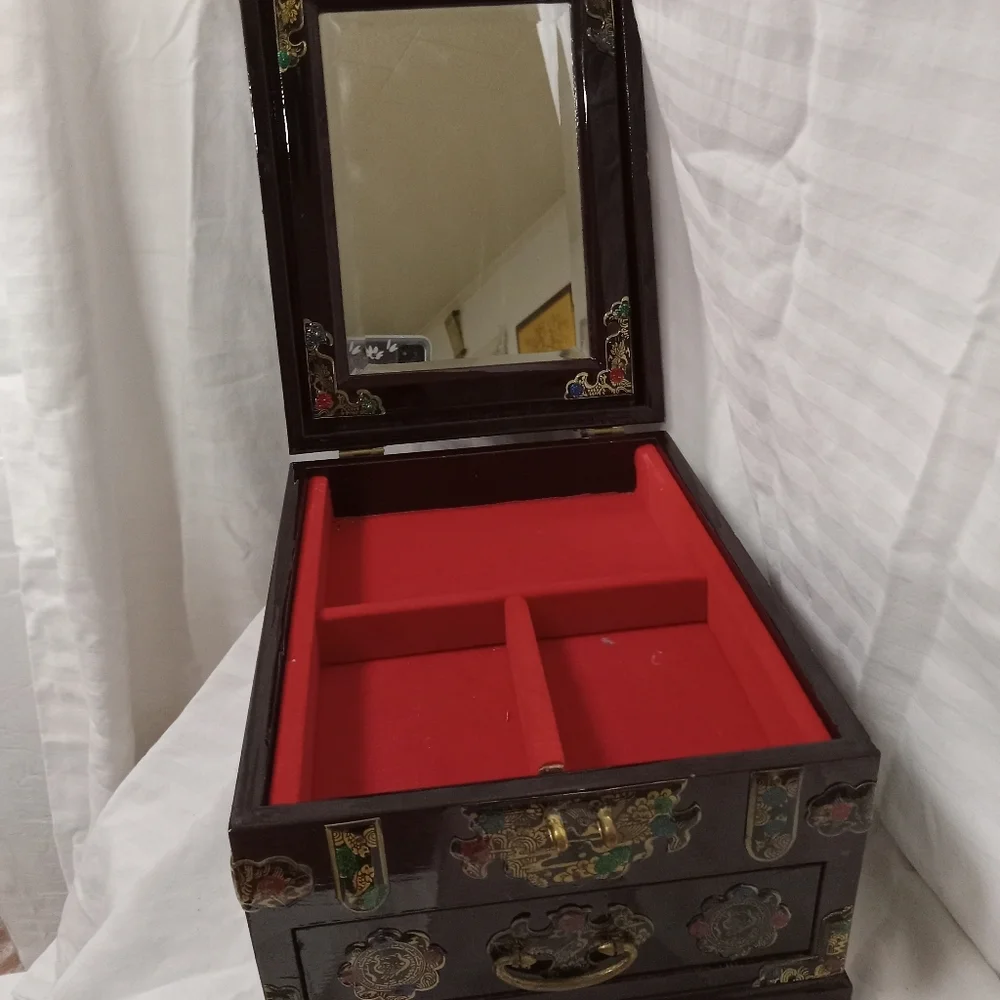 Vintage Asian Style Wooden Jewelry Box with Beveled Mirror